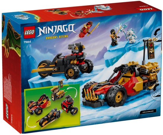 LEGO Ninjago doos met rode buggy, gouden motor en ninja's, vanaf 7 jaar.