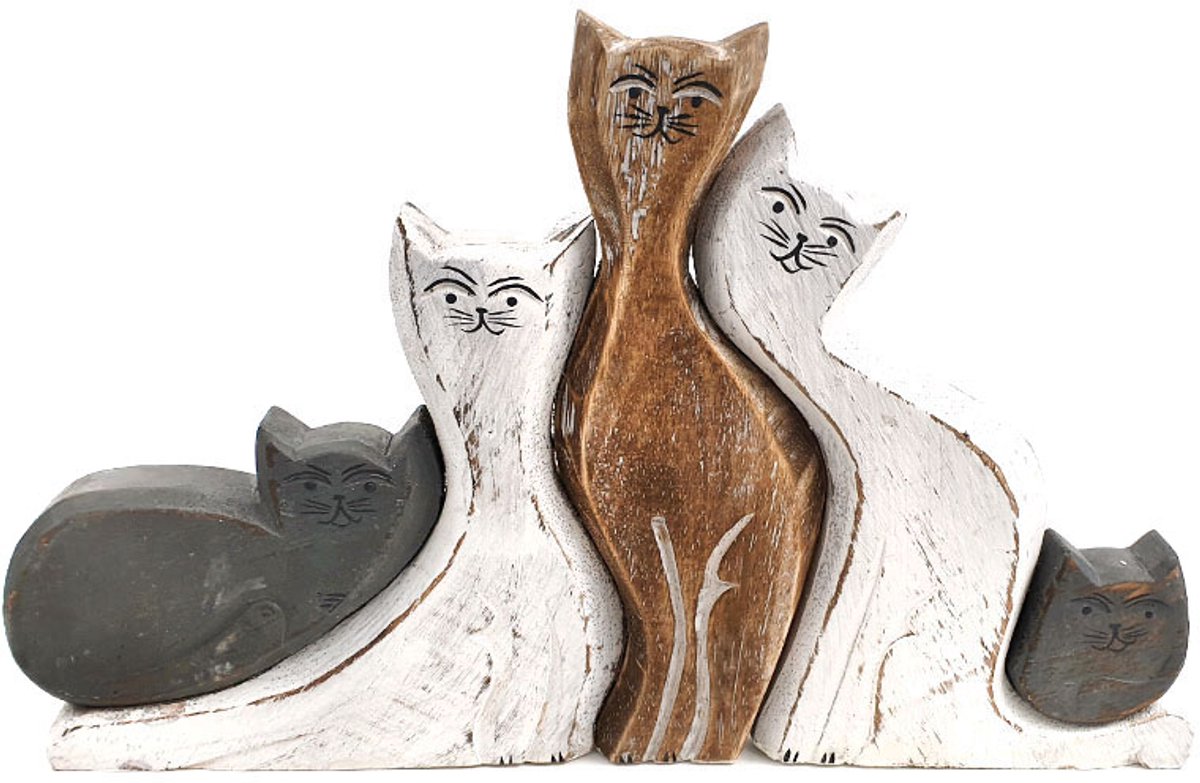 Houten Kattenfamilie - decoratie - kat - poes - Woodart - grijs wit naturel poezenfamilie