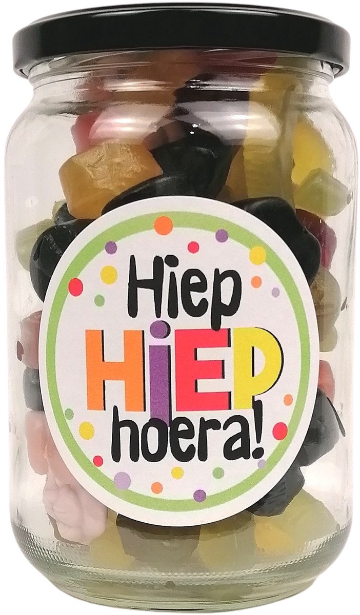 Snoeppot met Opdruk "Hiep Hiep Hoera" - Gevuld met Winegum snoepmix - 400g - Verjaardagscadeau - Traktatie - Geslaagd cadeau