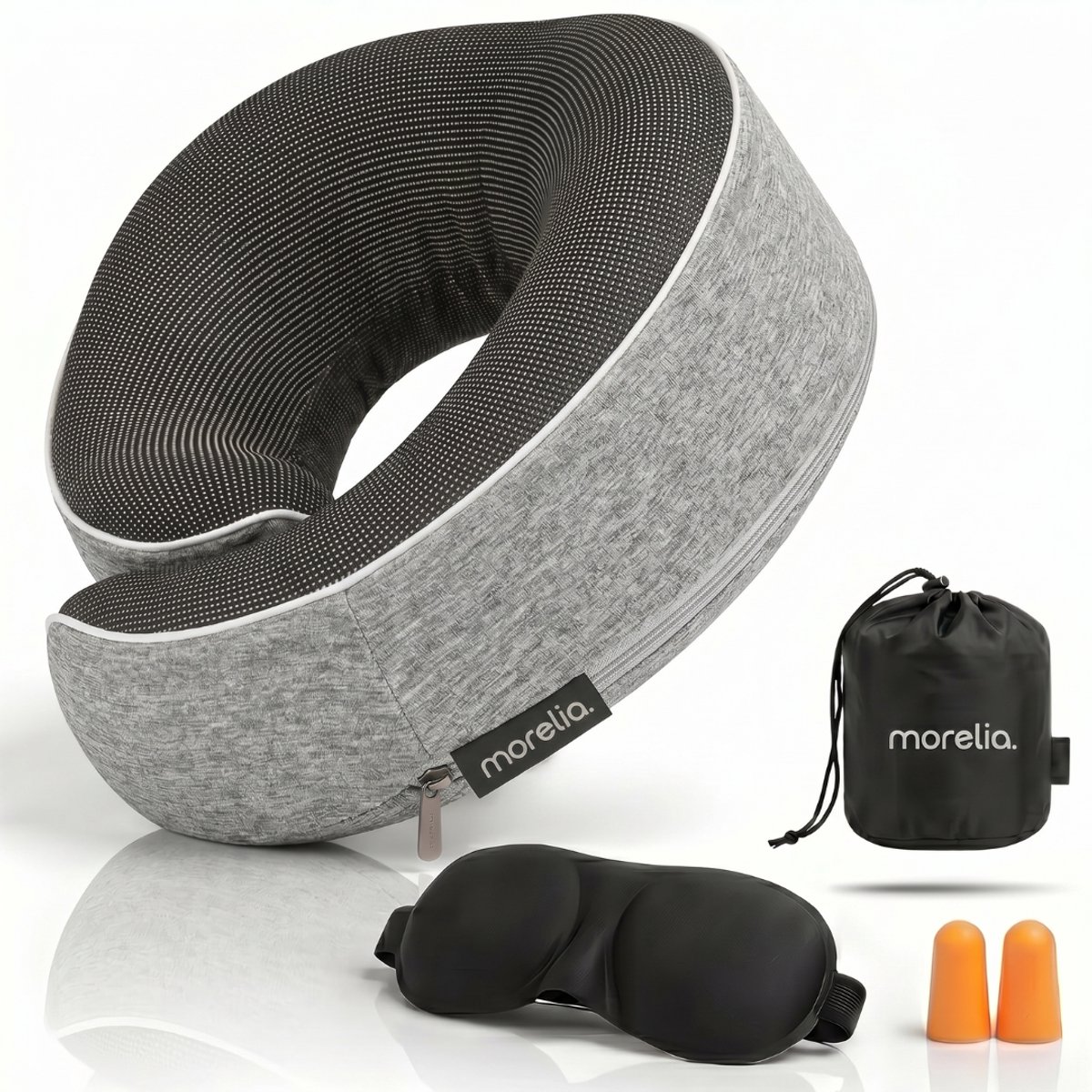 Bol.com Morelia® Volledige Set Nekkussen Licht Grijs - Luxe Reiskussen voor het Vliegtuig en de Auto - Traagschuim aanbieding