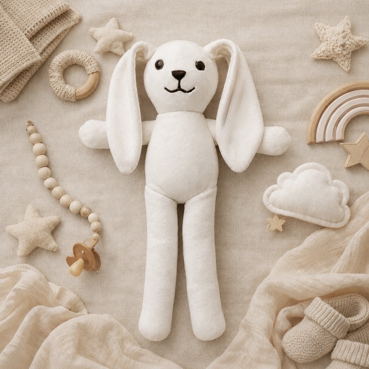 Blijeitje - Luxe 6-delige babycadeauset Beige – Kraamcadeau Unisex - Babyshower & Gender Reveal Cadeau Giftset – Badjas, Tutpop, Konijn Rammelaar, Babymutsje, Spuugdoek & Slab met Koordjes – foto 2