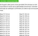 Maattabel voor kinderschoenen met afmetingen in centimeters.