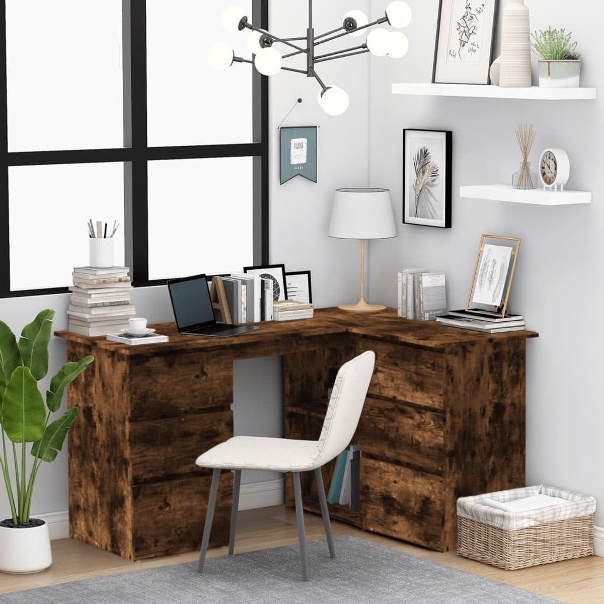Bureau met opbergvakken - Hoekbureau rek - Thuiswerken organiseren - Modern houtlook design - 80 x 140 cm - Gerookt eiken