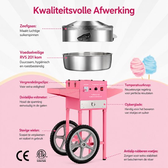 Seth Select Cotton Candy Machine met Kar - Elektrische Suikerspinmaker met Grote RVS Kom - Suikerspinmachine met Trolley - Pink van Seth Select — afbeelding 4
