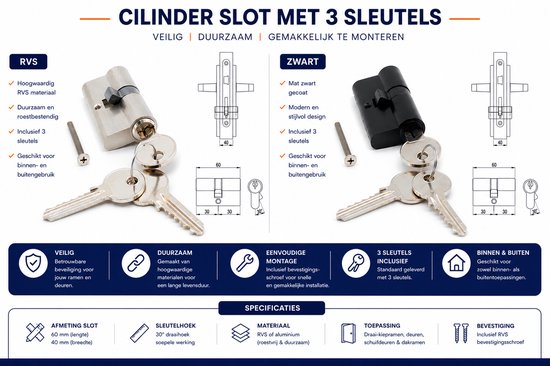 Zilverkleurige en zwarte deurslotcilinders met bijpassende sleutels.