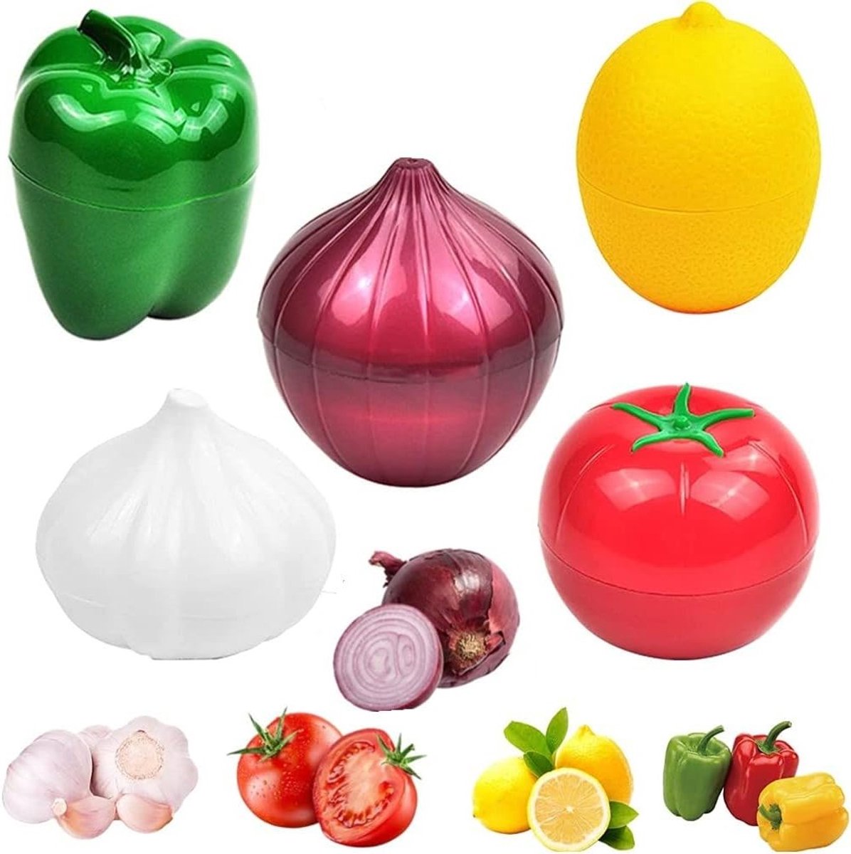 Groene Paprika, Ui, Tomaat, Citroen en Knoflook - 5 Stuks Transparante Herbruikbare Silicone Bewaardozen voor Groenten en Fruit, Ideaal voor Koelkastopslag