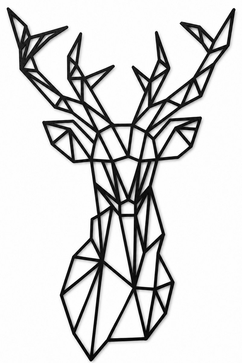 Houten wanddecoratie - Wooden wall decoration | Hertenkop (asymmetrisch) 96 x 144cm Deer head (asymmetric) | Zwart - Black | Geometrische muurdecoratie - Geometric wall art - Origami Design Wandfiguur - Wild - Ree - Rendier