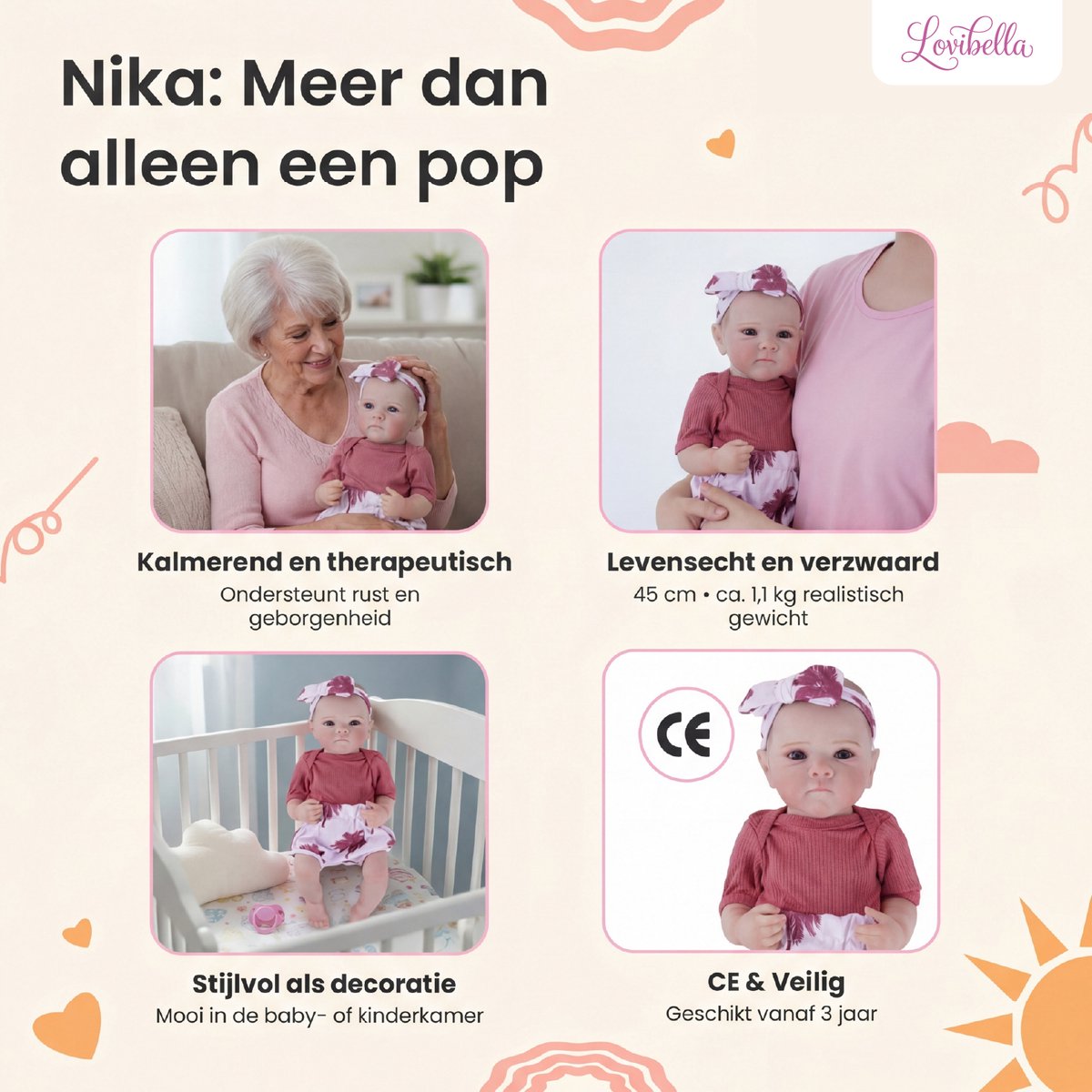Lovibella® Nika Reborn Baby Pop Meisje - Levensechte Babypoppen - Dementie poppen - 45 cm - Complete Accessoires Set - Realistische Poppen - Zoals Echt - Zacht Vinyl - Doll Speelgoed 3 Jaar — afbeelding 2