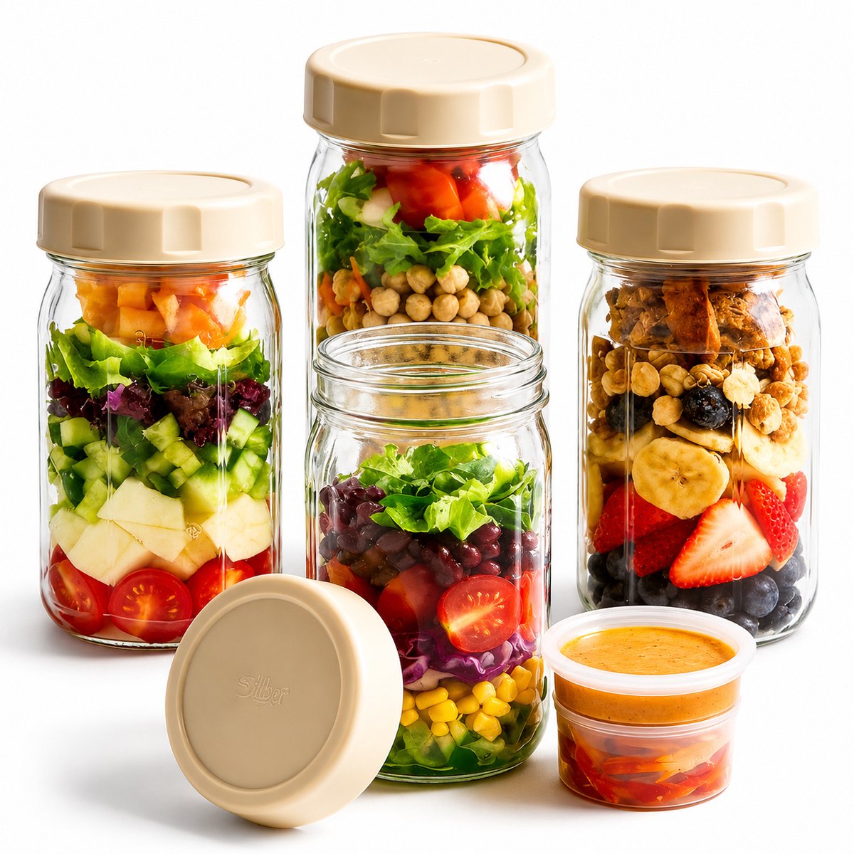 BOTC Voorraadpotten Glas- 4-delige set met deksel - Handig voor het bereiden van maaltijden, lekvrij ontwerp, perfect voor lunch - Mason jars van32oz- Abrikoos wit