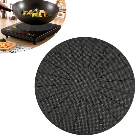 Zwarte ronde mat met zonpatroon voor inductiekookplaat, 28 cm.