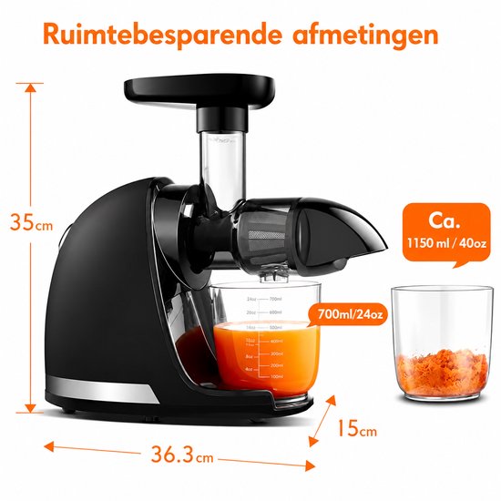 Slowjuicer - Stille Koude Fruitpers met Hoge Sapopbrengst - BPA-vrij - 240W - Mat Zwart — afbeelding 5