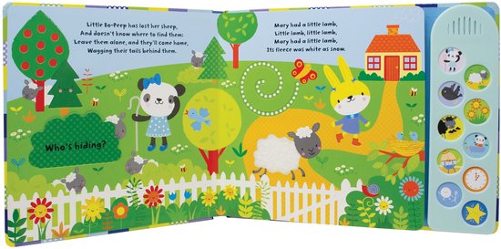 Een kinderboek met liedjes. Op de ene pagina staat een pandabeer met een schaapje, en op de andere pagina een geel konijn en een schaapje.