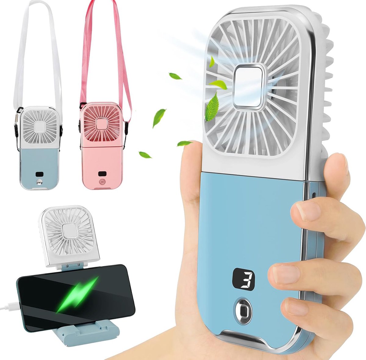 handventilator-handventilator oplaadbaar-2 stuk mini ventilator-Wordt geleverd met een oplaadbare batterij van 3000 mAh-draagbare ventilator-Kleine zakventilator - 4 snelheden - Geschikt voor thuis en buiten-Blauw en roze