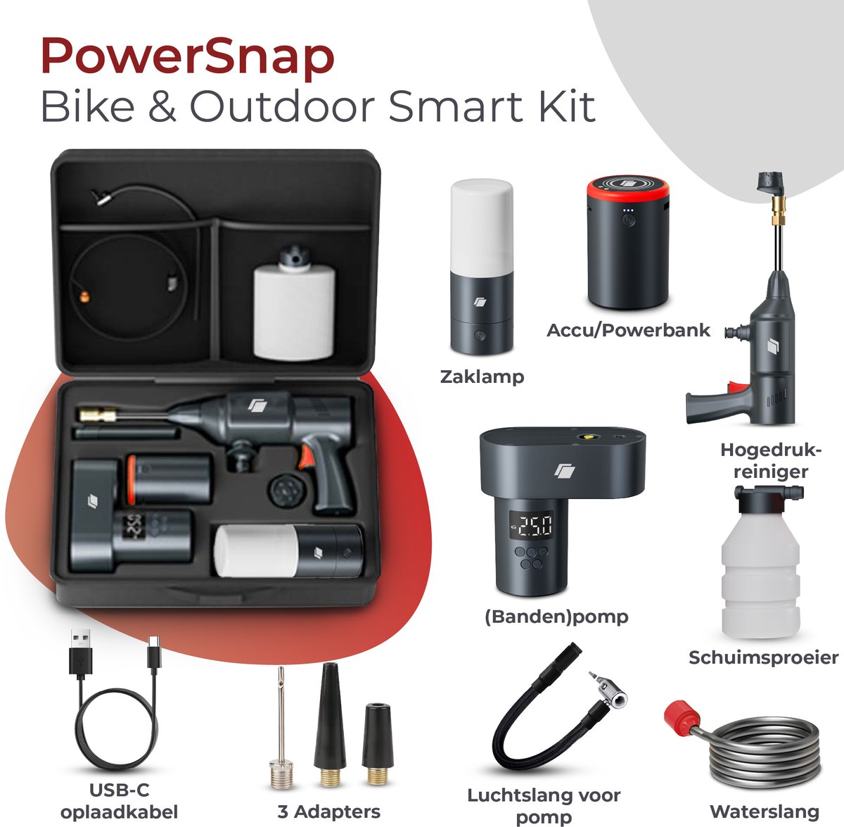 Caliber Bike & Outdoor Kit - Draadloze Hogedrukreiniger - 15.000 mAh Accu - Zaklamp - Bandenpomp - Werkt met PowerSnap Accu Platform (CPS-SET-01)