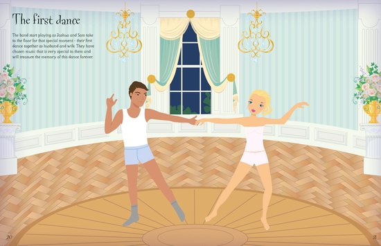 Een man en vrouw in ondergoed dansen op een houten vloer met een balustrade en kroonluchters.
