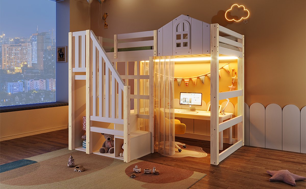Hoogslaper 90x200 Cm Met LED Verlichting - Kinderbed Met Opbergladder - Houten Bedframe Wit Naturel - Met Raam Design