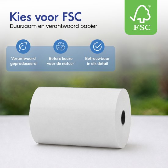 Een enkele thermische rol met FSC-logo, benadrukt duurzaam en verantwoord papier.