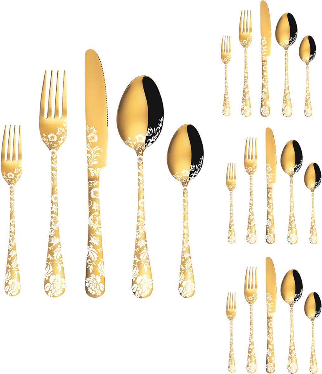 20-delige gouden bestekset voor 4 personen - Roestvrijstalen bestekset - Bestekset, inclusief lepel, vork en mes - Vaatwasmachinebestendig
