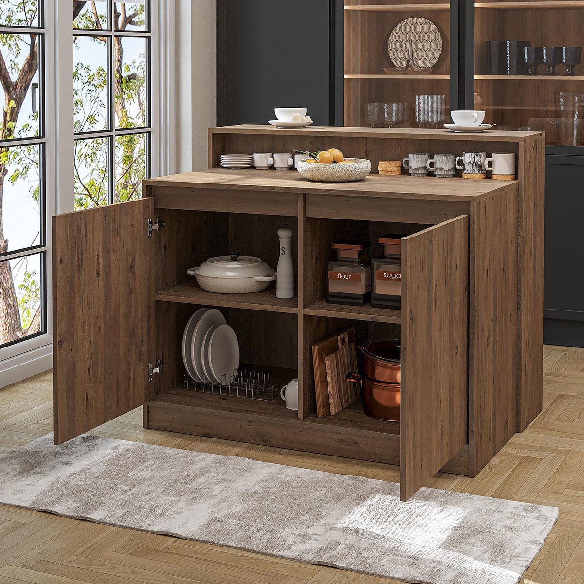 Keukeneiland met Opbergruimte 120x80x100 cm – Moderne Bartafel & Keukentafel met 4 Open Vakken, Ruimtebesparend Design voor Keuken en Eetkamer – Eiken – Mobili Bella