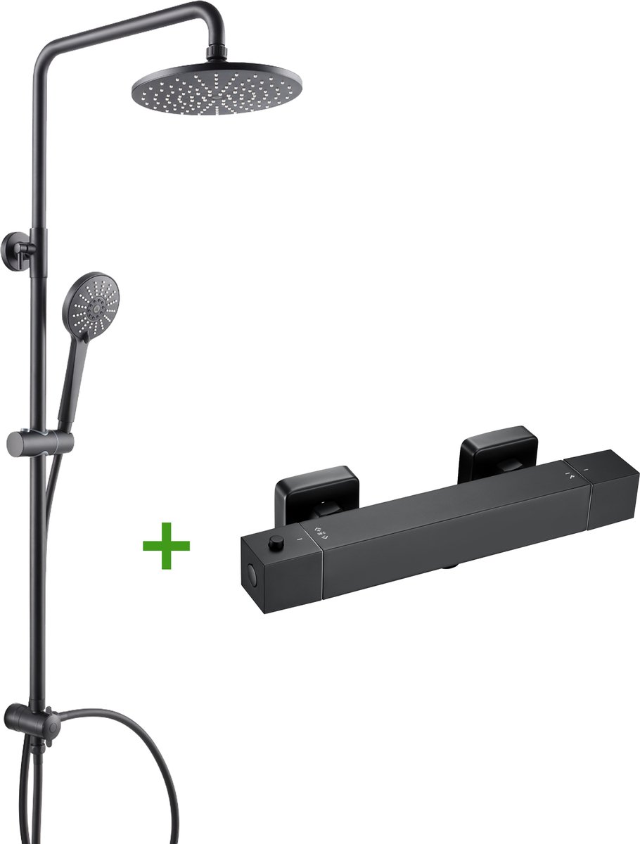 CECIPA Max Regendouche met Thermostaatkraan - Zwart Doucheset - Ø 22 cm Douchekop - Handdouche met 3 functies - Hoogte Verstelbaar 75-110 cm - Waterbesparend - Zwart