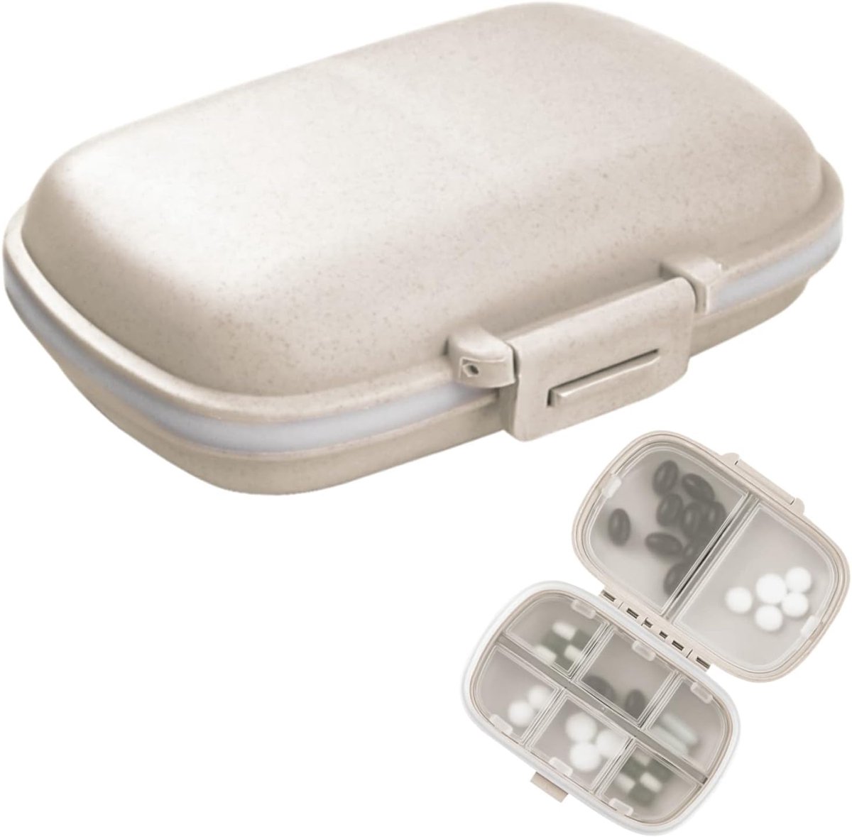 Tablettenbox Set - Draagbare Medicijnorganizer - 1 Stuk - 8 Vakken Met Siliconen Ring - Voor Reizen En Dagelijks Gebruik - Beige