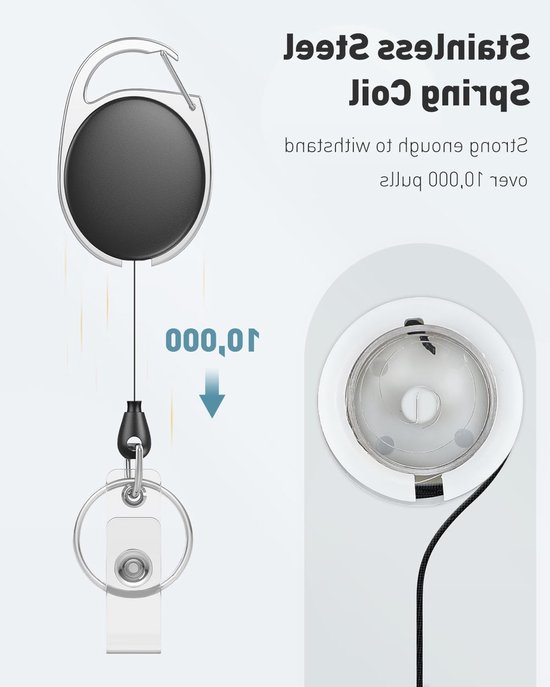 5-Pack Retractable Badge Reel voor ID-Houder - Sterke ABS Behuizing, RVS Veer, 60cm Nylon Touw, Carabiner Clip en Sleutelhanger — afbeelding 2