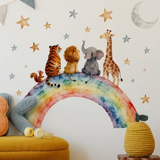 Muursticker 'Dieren op een Regenboog' - 51x53cm - Zelfklevend PVC - Babykamer - Kinderkamer - Wand Decoratie - Interieur