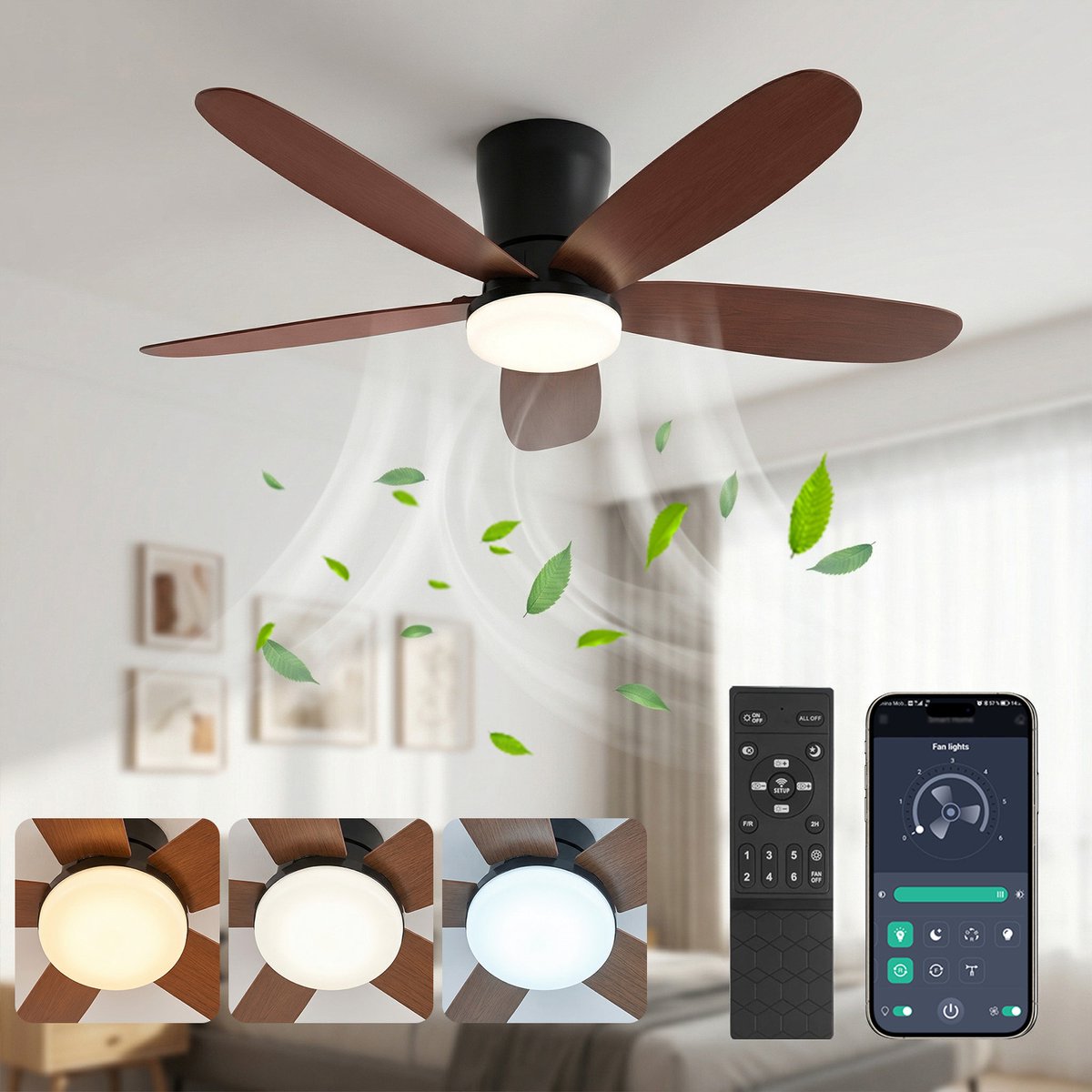 Rosnek Plafondventilator met Verlichting - Ø106 cm - Dubbelzijdige Bladen (Zwart/Walnoot) - Stille DC Motor - App & Afstandsbediening - Dimbare LED - 6 Snelheden - Slaapkamer