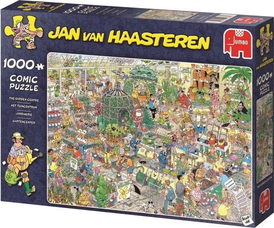 Doos van een 1000-delige Jan van Haasteren puzzel getiteld 'Het Tuincentrum'. De afbeelding toont een drukke serre met veel mensen.