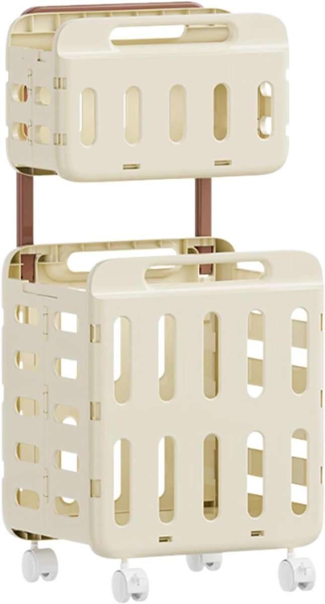 Wasmand op wielen Rollende mand Kleding sorteren Twee lagen ontwerp 47x41x14 cm Crèmekleurig