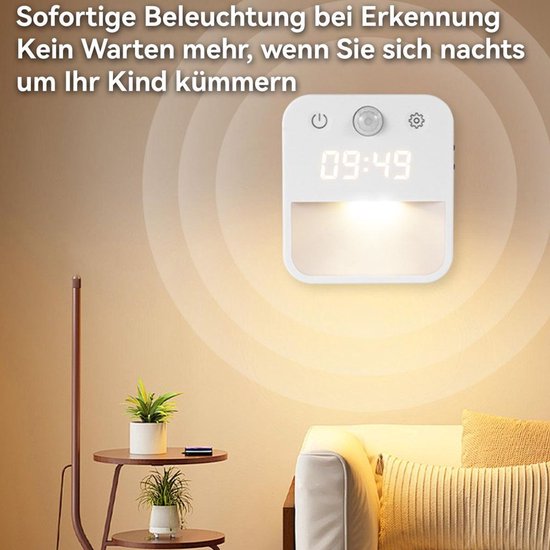 LED-nachtlampje met klok, bewegingssensor, wit/warm licht, dimbaar, stekker en lichtsensor; geschikt voor trappen en slaapkamers. — afbeelding 3
