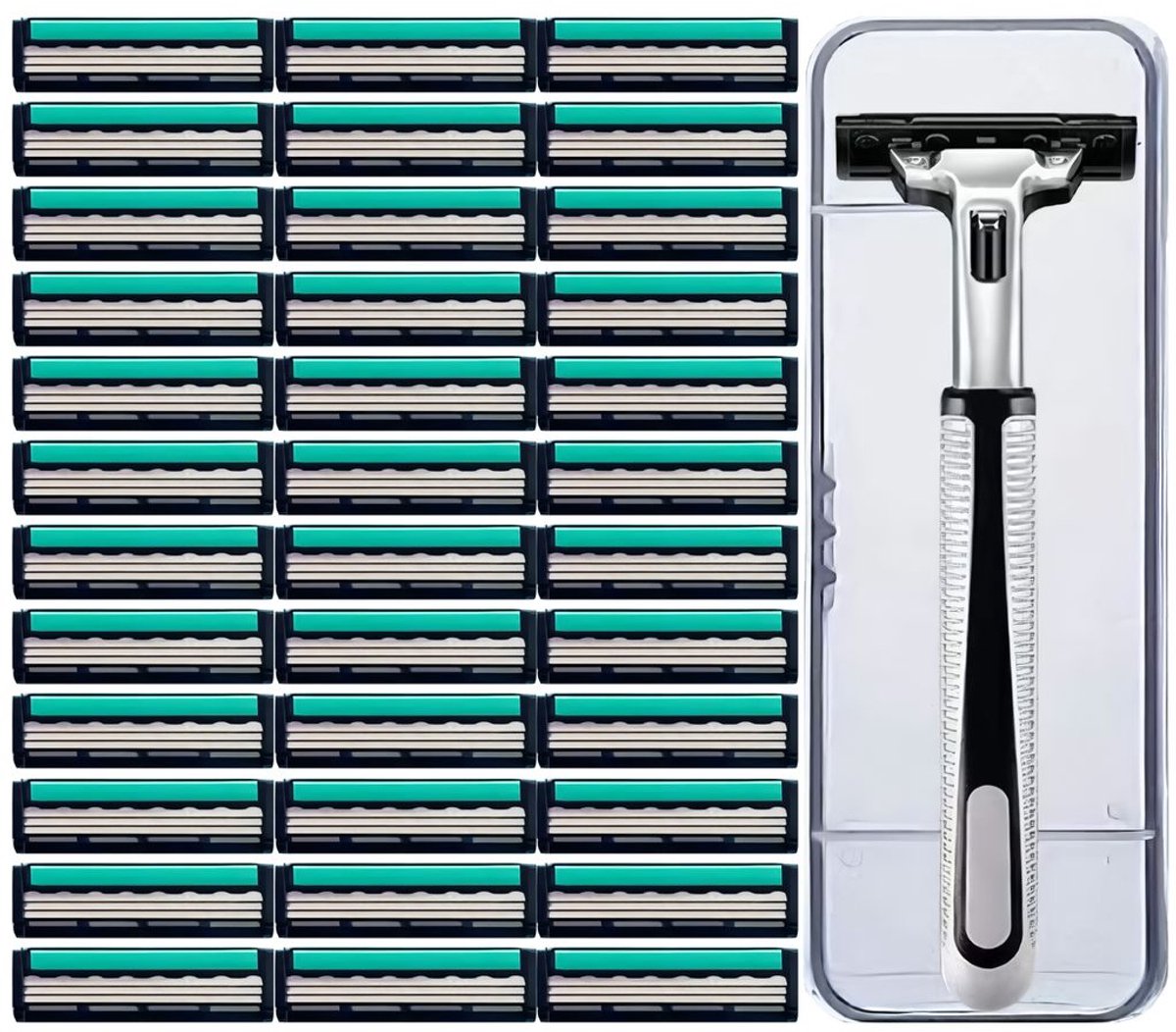 Handmatig scheermes voor heren, nat scheermes, ontwerp met drie mesjes, bevat aloë vera, antislip handvat, 36 mesjes, 1 scheermeshouder, 1 etui voor de scheermeshouder