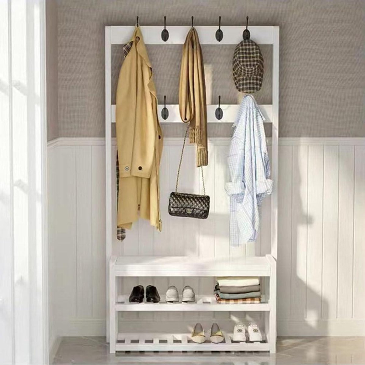 Kapstok met bank - Entree meubel - Hal organiseren - 3-in-1 functie - 60 x 30 x 170cm - Wi