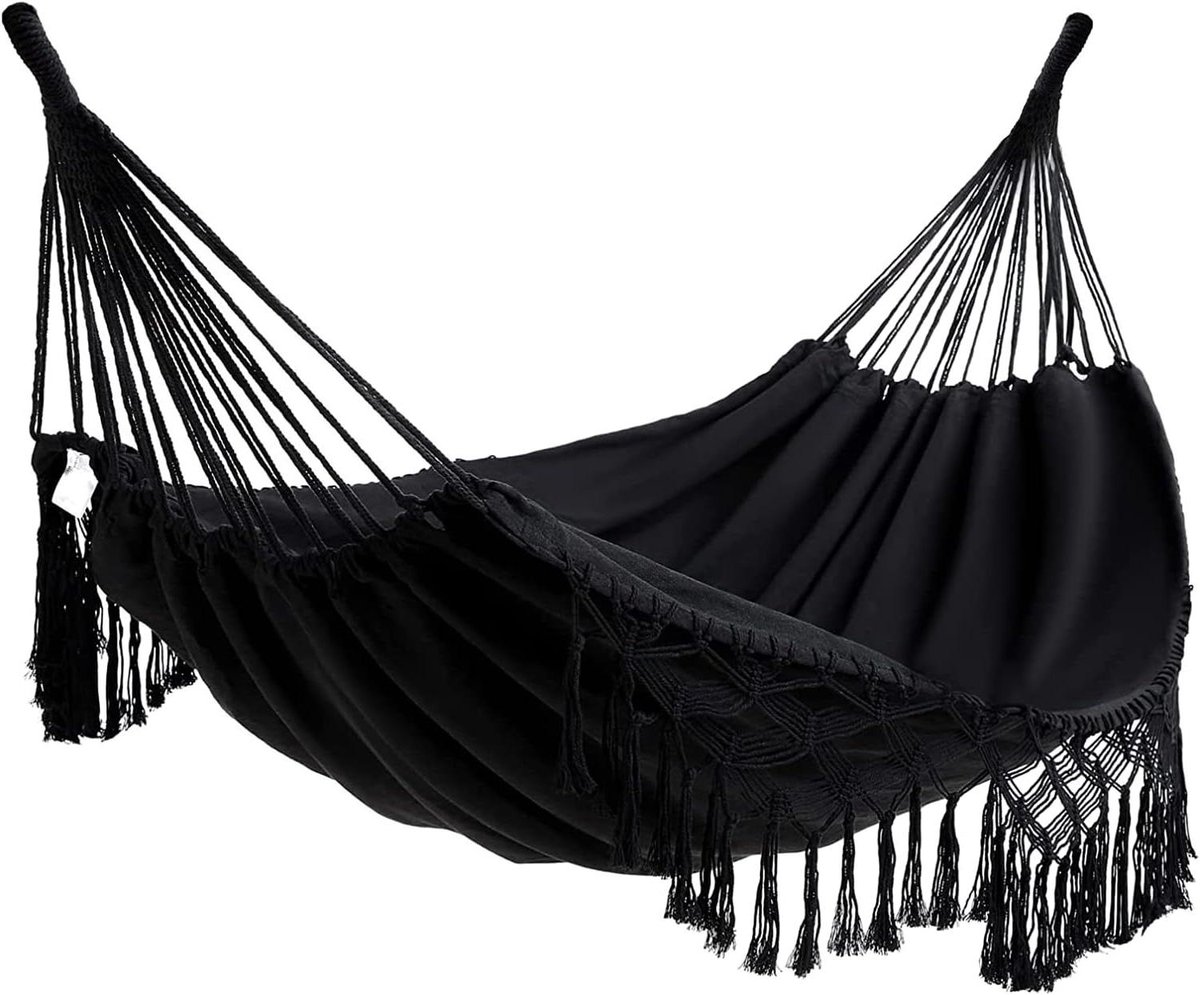 Dubbele Hangmat - Buitenbed - Ontspannen Buiten - Met Kwastjes - 200 x 150 cm - Zwart