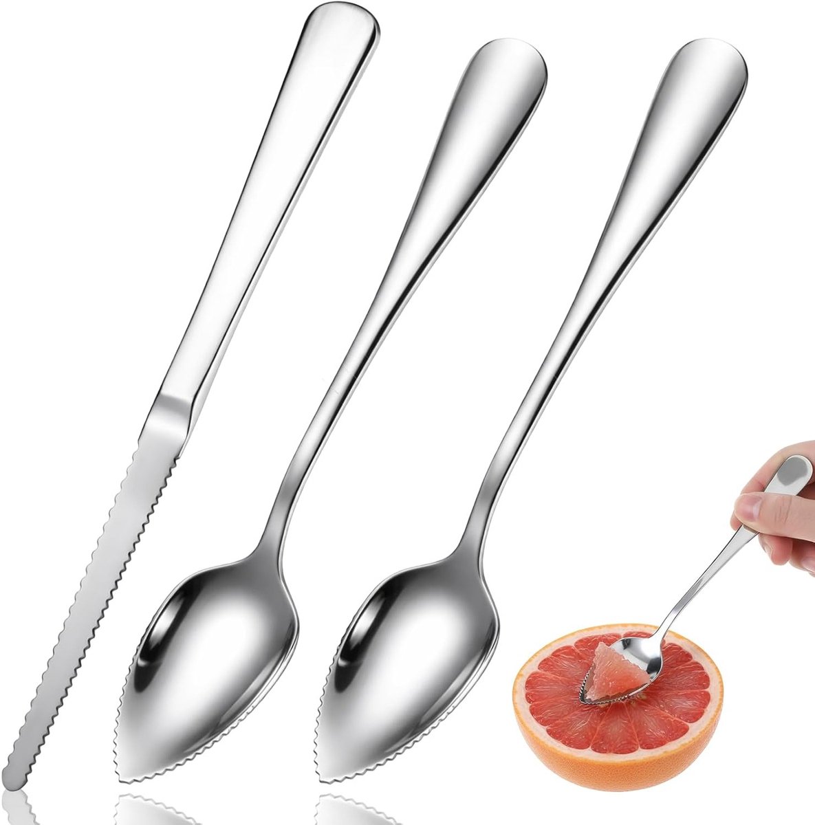 Set van 3 Grapefruitlepels en een Grapefruitmes van Roestvrij Staal, Ideaal voor Fruit, Kiwi en Bargebruik, Vaatwasserbestendig