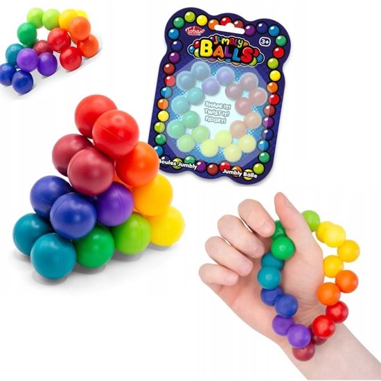 Regenboogkleurige ballen, speelgoed om te vormen, draaien en friemelen. In verpakking en los.