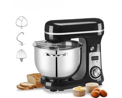 Lunekiss Keukenmixer 6L met RVS mengkom, LED-timer en 1200W stille DC-motor - 6 snelheden, standmixer met accessoires set - Zwart