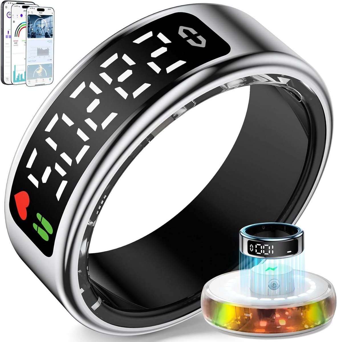 Slimme Ring - Fitness Tracker - Gezondheid Monitoren - Touchscreen Display - 8 Maten - Zilver