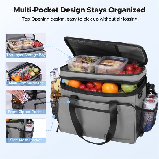 WARMOUNTS Koeltas 28L - Geïsoleerde Koeltas voor 48 Blikjes, 2 Vakken, Lekvrij met Deksel, Opvouwbare Koelbox Tas voor Camping, Wandelen, Picknick en Strand, 38 x 30 x 25 cm van Warmounts — afbeelding 5