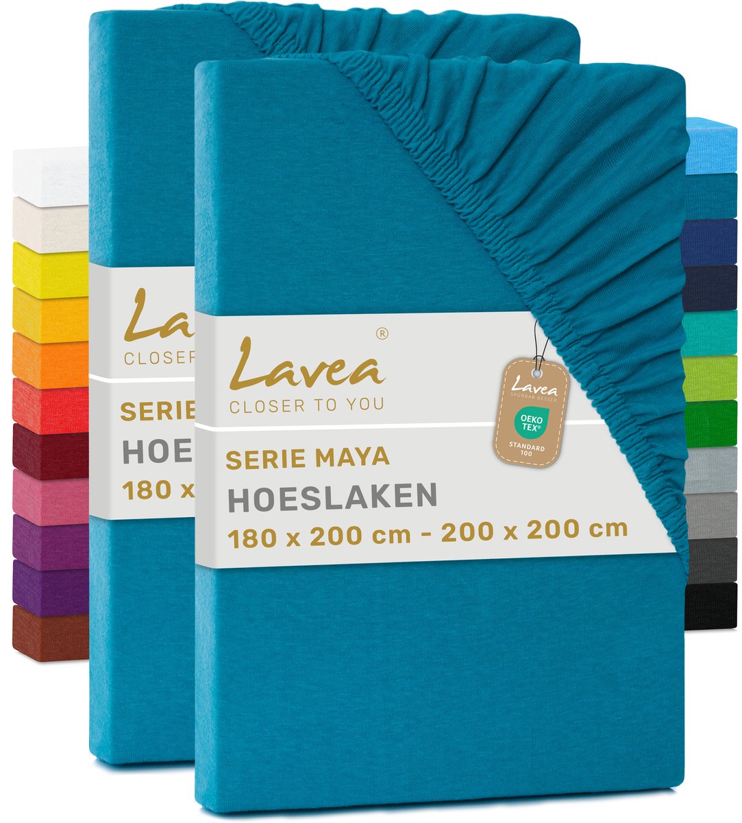 Lavea® Set van 2 Hoeslakens 180x200 cm – 100% Zacht en Ademend Katoen – voor Dikke Matrassen tot 20 cm – Jersey met Elastiek rondom – Aquamarijn