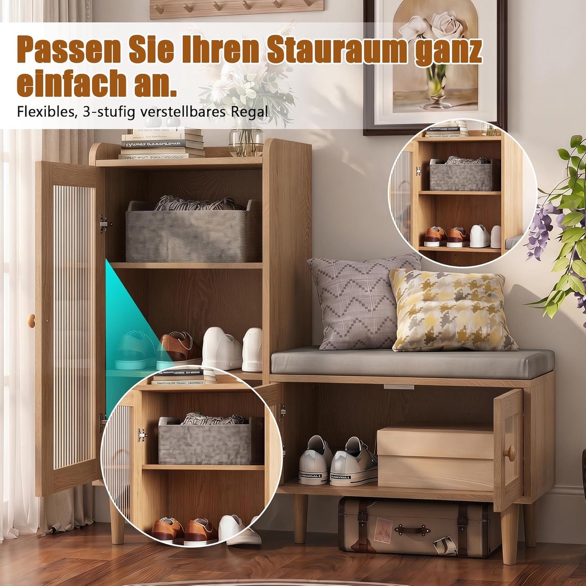 Schoenenkast met Zitbank en Opbergruimte – Multifunctionele Schoenenbank 100x35x90 cm Houtnerf – House&Garden Hal Schoenenkast met Geribbelde Glazen Deuren, Verstelbare Planken en Zitkussen