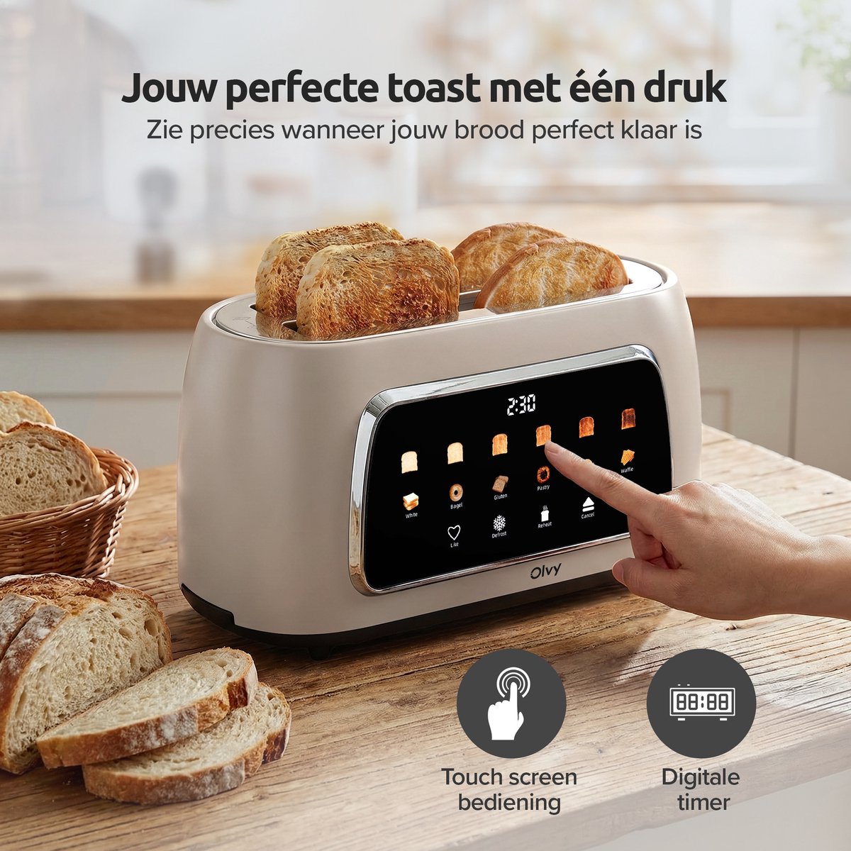 Olvy Broodrooster XL - Lange Sleuven - Timerfunctie - LCD Display - Kruimellade - Toaster - 1500W - Ontdooien & Opwarmen - Beige thumbnail 2