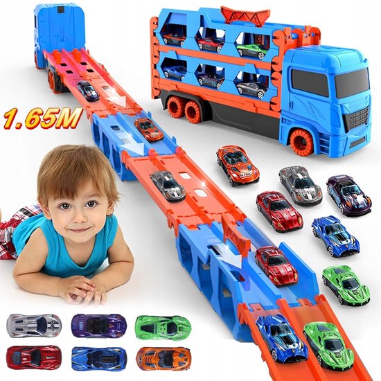 Transporttruck Speelgoedauto's Met Een Racebaan Van 164,5 cm Voor Jongens Van 3, 4, 5 En 6 Jaar - Draagbaar Speelgoedtruck Met 6 Raceauto's - Het Beste Cadeau Een Set Transportvoertuigen Voor Kinderen