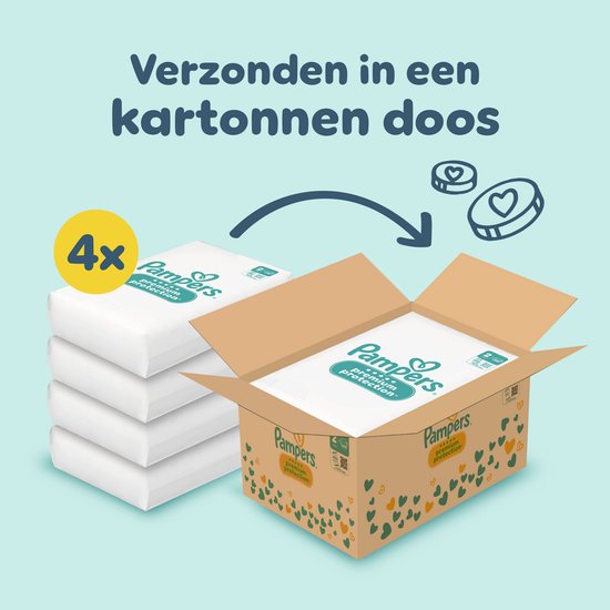 Pampers luiers in een kartonnen doos. De doos toont "Pampers premium protection" en het logo.