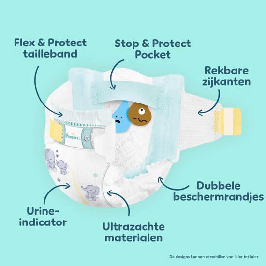 Een Pampers luier met uitleg over de kenmerken, zoals "Urine-indicator" en "Stop & Protect Pocket".