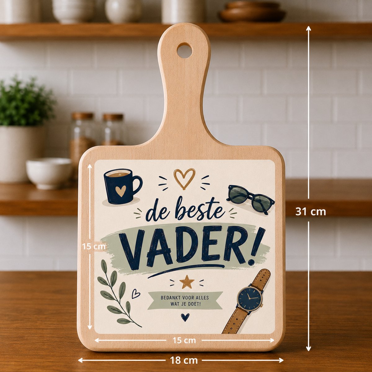 Kaasplank met Tegel De Beste Vader – Vaderdag Cadeau – Houten Serveerplank 18x31 cm met Tegel 15x15 cm – Cadeau voor Papa
