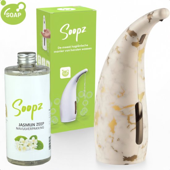 Witte zeepdispenser met marmerlook en gouden accenten, jasmijn zeep navulverpakking en productdoos.