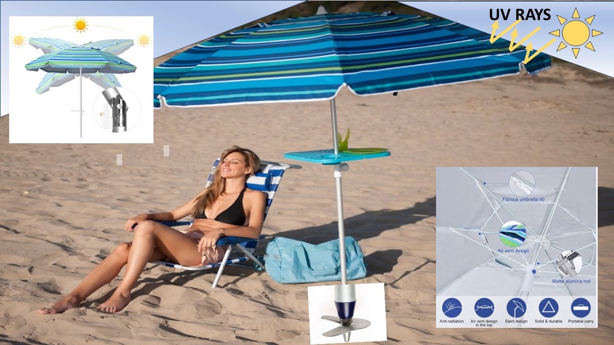 Pincho - Luxe Strandparasol 200 cm - Licht Blauw - Donker Blauw Gestreept - Lange Zandboor - Fiberbaleinen - UPF 50 - 99% UV Bescherming - Draagtas - Windvaan - Kantelbaar