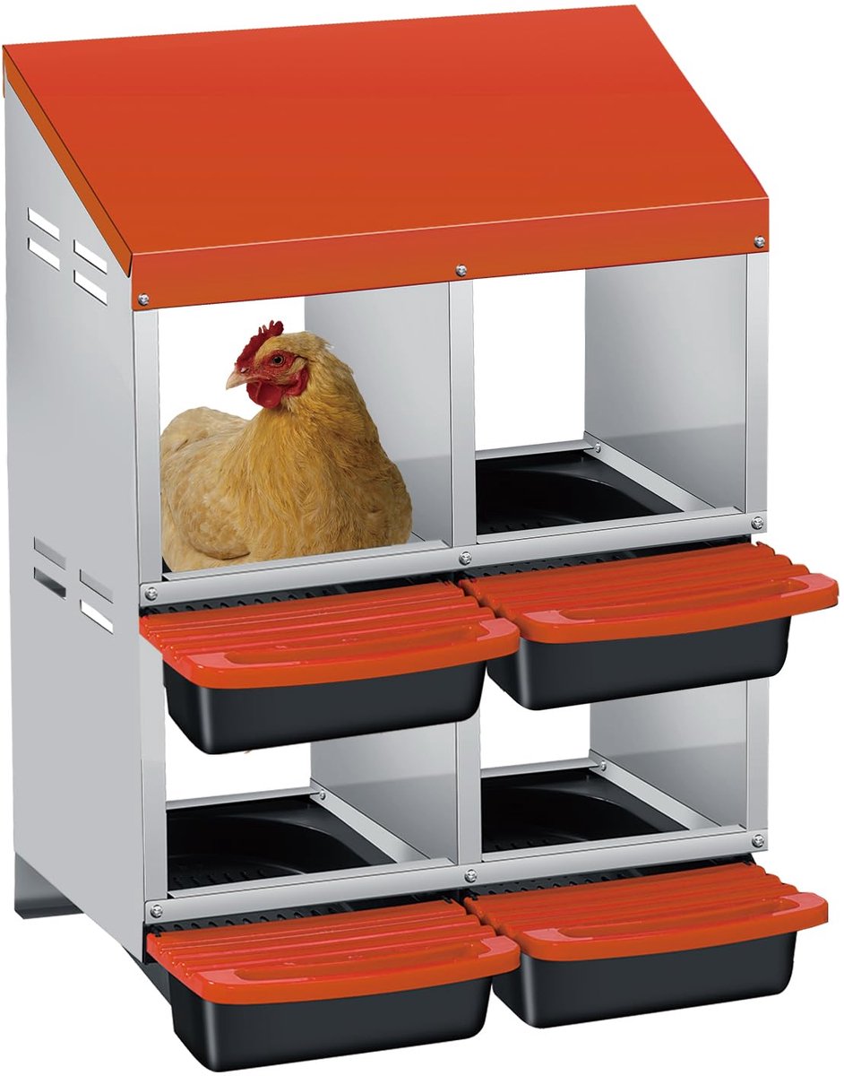 Kippenlegnest - Nistkast voor Kippen - Voor Buiten en Pluimvee - 53x34x78,5 cm - 4 Afdelingen Dubbellaags - Oranje