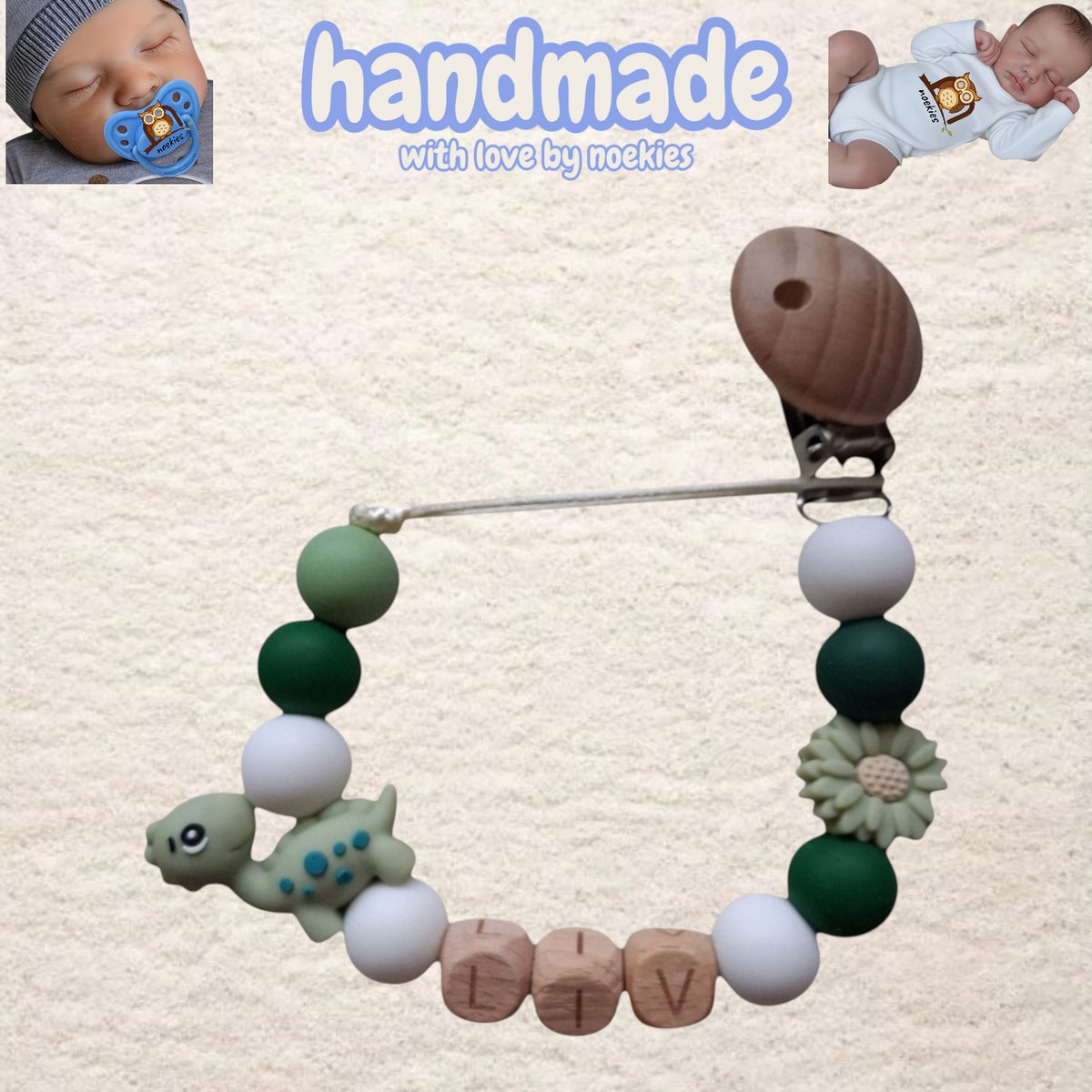 noekies naam speenkoord dino bloem khaki wit Kraamcadeau - Speenketting - Babycadeau - Babyshower nr 3